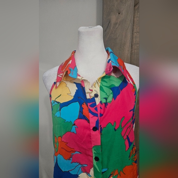 CUPSHE Tropical Collared Button-Up Tank In Bright Shades Pink/blue Multi. S NWT - Picture 9 of 11